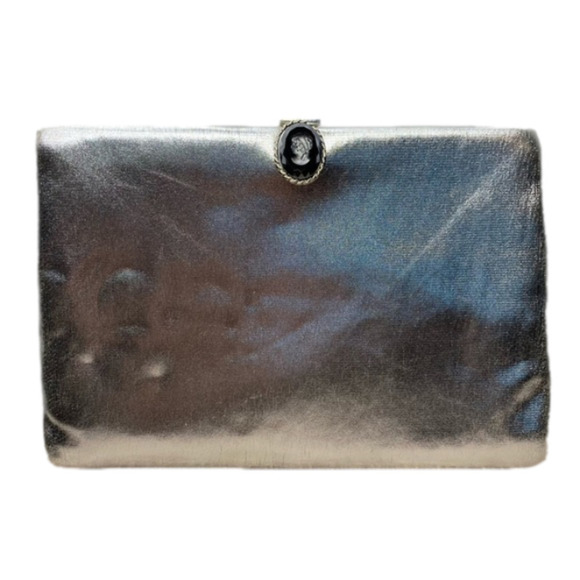VINTAGE Harry Levine HL Silver Clutch Purse Bag Handbag Metallic Shiny +mini bag - Picture 1 of 10